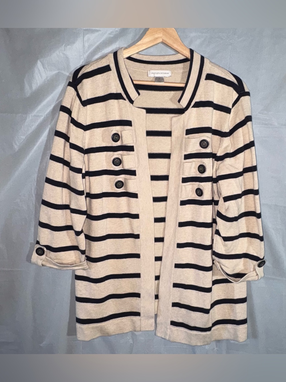Christopher & Banks Cardigan Womens XL Navy Cream Striped Nautical Military Chic